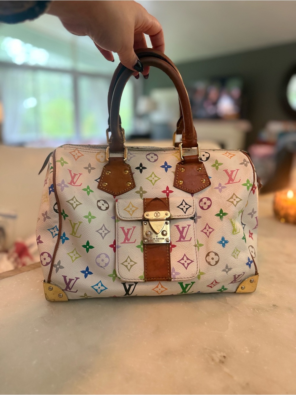 LV White Multicolor Monogram Satchel with Brown Trim